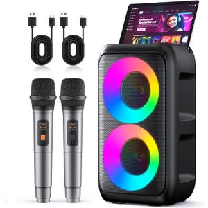 Karaoke Machine for Adults Kids, Portable Bluetooth Speaker with 2 Wireless Microphones, TWS Mode & LED Light, 10H Battery PA System, Home Party Outdoor Camping Birthday Gifts (Black)
