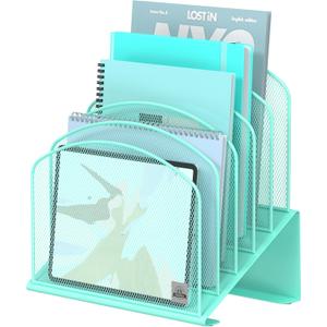 Inclined Desk File Organizer, 5-Section Vertical File Folder Holder Stand Metal Rack File Sorter for Office Classroom Desktop Organization (1Pack, Aqua)