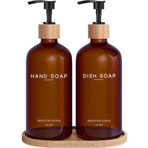 Amber Glass Hand and Dish Soap Dispenser Set by Brighter Barns - Kitchen Soap Dispenser Set with Tray - Bamboo Pump Bottles for Kitchen Sink - Modern Home Decor, Neutral Decor for Airbnb, Gift (Amber)