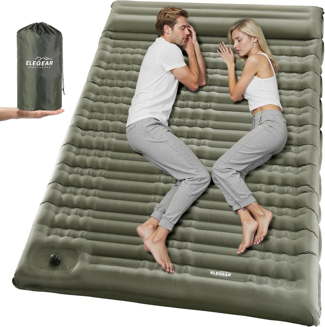 Elegear Double Sleeping Pad for Camping, 4.7" Ultra-Thick Self Inflating Camping Pad 2 Person with Pillow Built-in Foot Pump, Portable Camping Sleeping Mat for Backpacking Hiking Tent(Army Green Full)