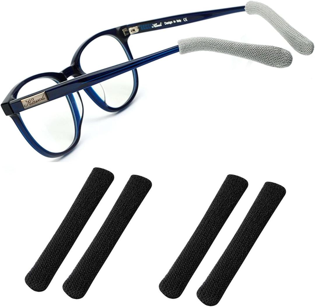 Soft Knitting Cotton Glasses Ear Cushion, Anti-Slip Elastic Comfort Eyeglasses Temple Tips Sleeve,Temple Sleeves (2 Pairs Black)