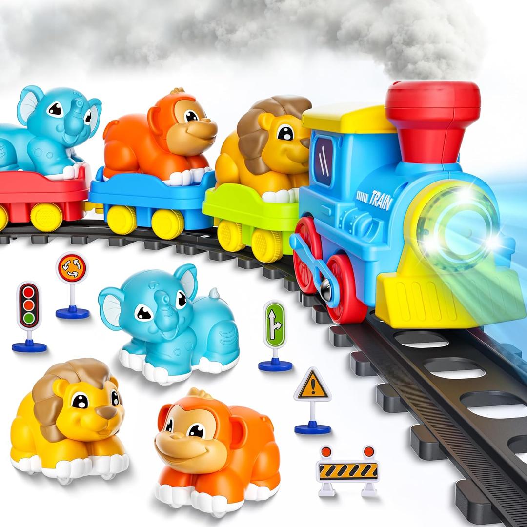 Train Set for Toddlers w/Steam, Music & Lights - Electric Train Toy for Kids with Tracks Accessories, Includes 3 Animals Car : Lion Gorilla and Elephant, Best Gifts for 1-3 4 5 6+ Years Old Boys Girls