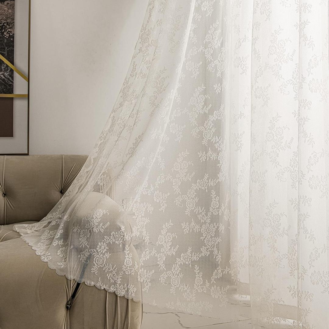 Sutuo Home Ivory Lace Curtains 84 Inches Long 2 Set, Sheer Panels Floral Embroidery Vintage Voile Window Treatment Pair for Bedroom Living Room Kitchen, Retro Christmas Decor Rod Pocket, W57 x L84