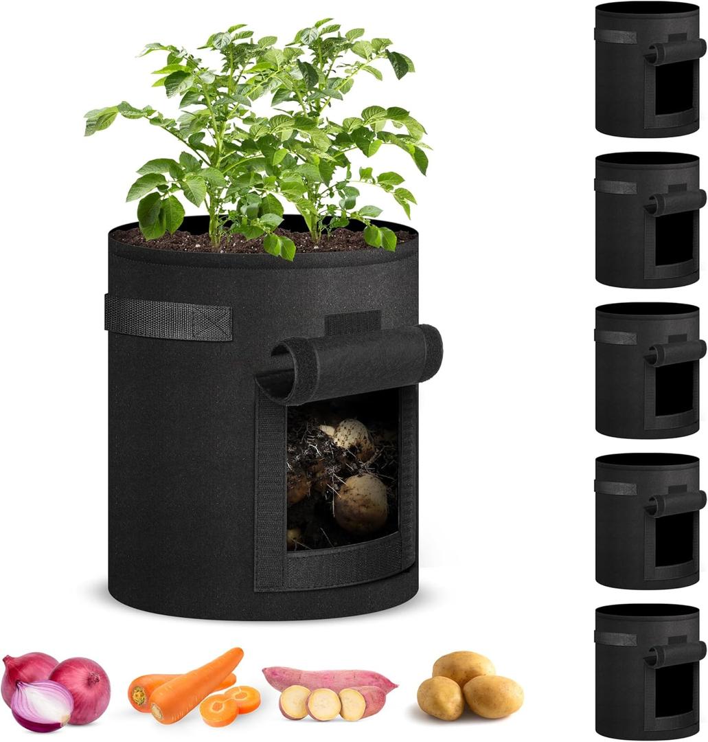 iPower Pack of 5 7-Gallon Potato Grow Bags Planter Pots with Handle, Access Flap and Visual Window, Easy to Harvest, Thickened Non-Woven Aeration Fabric Container for Tomato, Carrot, Fruits, Vegetables