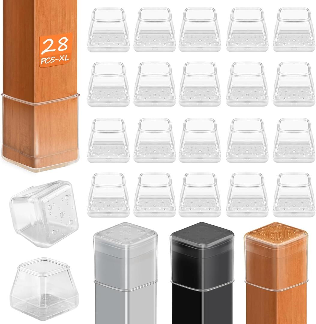28 Pcs Chair Leg Sliders for Carpet Rug, Square Chair Glides, Silicone Furniture Leg Protectors Caps Kitchen Table Feet Covers with Plastic Pads, No Scratches (Fit:1-1/2"~1-3/4", Clear) (Square XL (1.50"-1.77"))