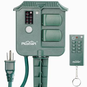 Outdoor Power Stake Timer, Wireless Remote Control, Photocell Light Sensor, 6ft Extension Cord with Switch, 3 Waterproof Grounded Outlets with Cover, UL Listed