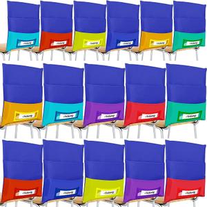 Maitys 16 Pieces Chair Pockets Classroom Student Chair Organizer 8 Colors Seat Storage with Name Tag Slot for School, Classroom, Home, Group Team Organizers for Kids, 16 x 19 Inch (Blue Background)