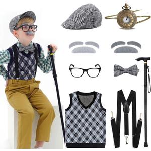 Kids 100 Days of School Costume for Boys - Halloween Old Man Costume Hat Glasses and Grandpa Vest Set for Child (Small(5-7yrs)