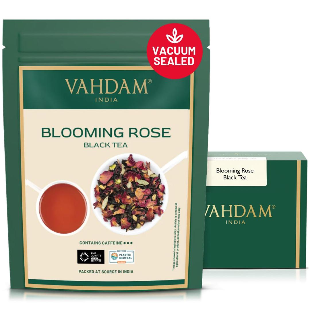 VAHDAM, Blooming Rose Black Tea - Premium Black Tea with Rose Petals (3.5oz) DELICIOUS & AROMATIC Black Tea Loose Leaf with Fragrant Rose Petals | Vacuum Sealed Pack (EXP 09/30/27)