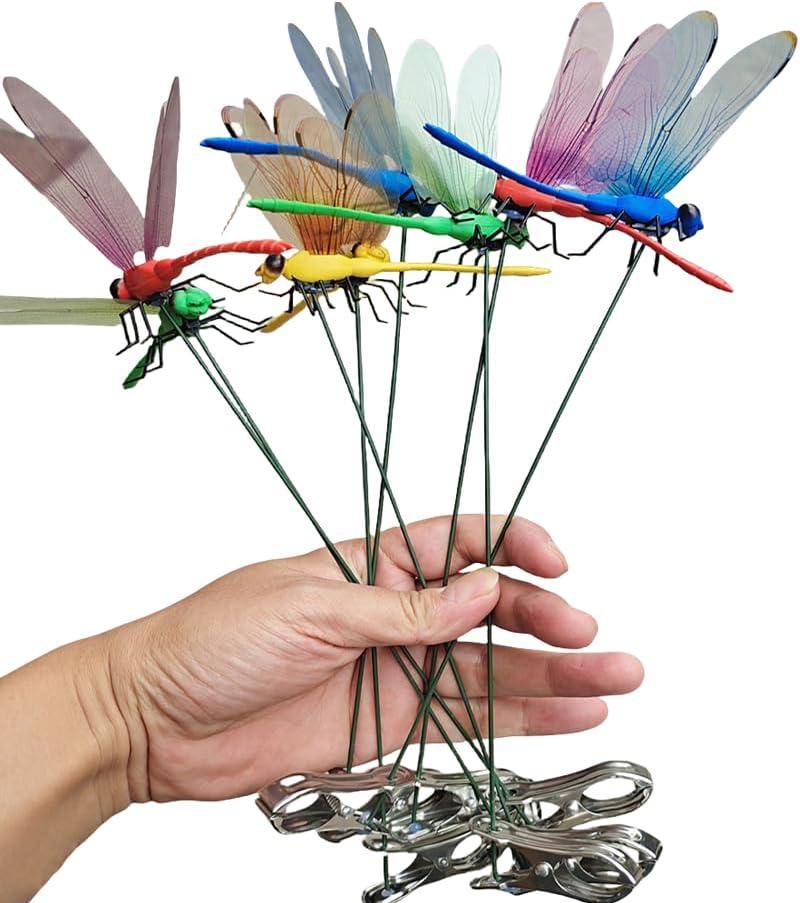 12PCS Fake Dragonfly Pole Clips,4 Color SetDragonfly Clip, Outdoor 3D Dragonfly Garden Decorative Clips,Dragonfly Clip Decorative Crafts, Outdoor Dragonfly Decoration For Garden Decoration (12PCS)