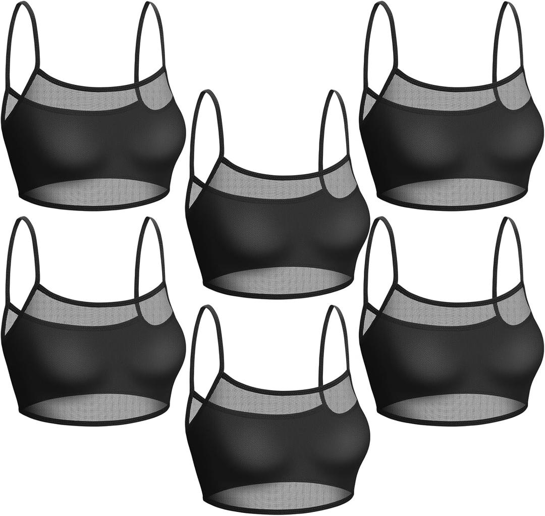 Toulite 6 Pcs Summer Women Mini Tanning Bikini Sheer Tank Tops See Through Stretch Crop Top Sleeveless Mesh for Beach (Large-X-Large, Black)