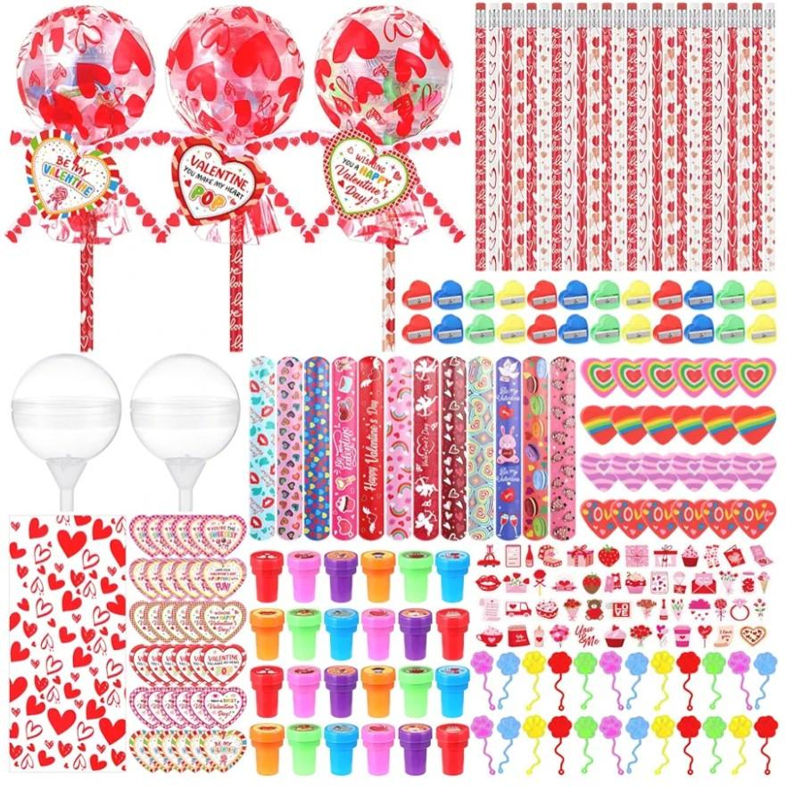 Soulchen 24 Set Valentines Day Gift Set Giant Lollipop-Shaped with Cards Sticker Pencil Eraser Ruler Pencil Sharpener Stamp Ribbon cellophane Glitter Sticky Hands for Party Favors Supplies Prizes