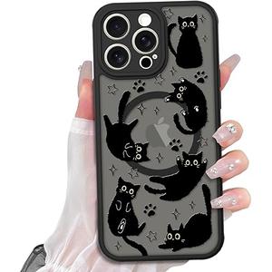 Heaofei Cute Case for iPhone 14 Pro Case for Women Girls Boys [Compatible with Magsafe] Kawaii Black Cats Cat Pattern Design, Aesthetic Girly Animal Rectangle Magnetic Protective Phone Cover