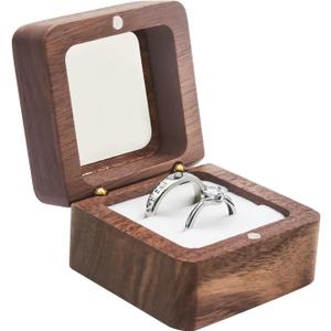 Wooden Ring Box for Wedding Ceremony 2 Slots,Small Square Solid Wood Double Ring Holder Case Box,Vintage Ring Bearer Box for Engagement Proposal,Rustic Jewelry Gift Storage Box-Window White