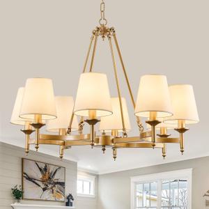 29.9inch 8-Light Gold Chandelier with White Linen Fabric Shade Large Farmhouse Ceiling Light Fixture Industrial Adjustable Hanging Pendant Light for Dining Room Living Room Kitchen Bedroom