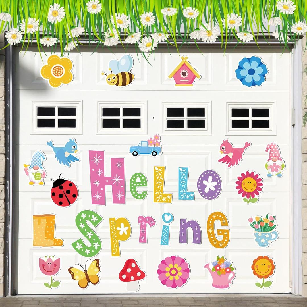 Hoteam 30pcs Hello Spring Garage Door Magnets Stickers Flower Blossoms Umbrella Pattern Fridge Magnets Colorful Floral Metal Magnetic Stickers for Spring Car Metal Door Garage Cabinet Mail Box