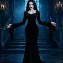 Morticia Addams Goth Dress,Women Bodycon Velvet Floor Length Costume (Black, L)