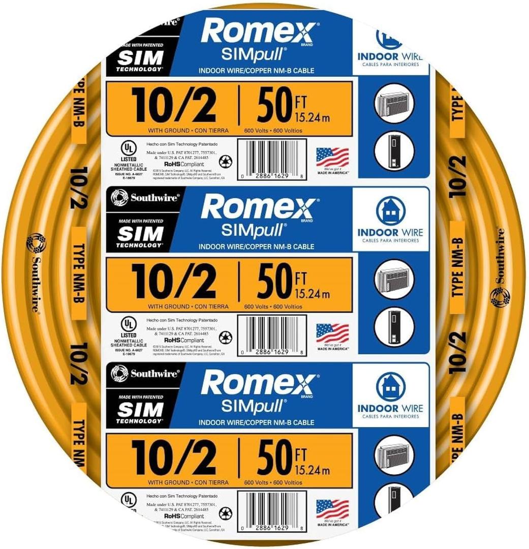 Southwire Romex Brand Simpull Solid Indoor 10/2 W/G NMB Cable 50ft coil - SW# 28829022