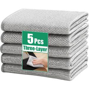 JOYMOOP Multipurpose Non-Scratch Silver Fiber Dishwashing Cloths, Reusable Cleaning Rags, Scrubbing Pads for Dishes, Glass, Stainless Steel - 5 Pack (11.8"  11.8" - 5pcs)
