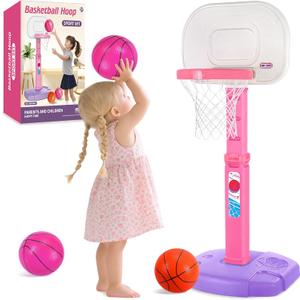 Toddler Pink Basketball Hoop Indoor Outdoor for Kids 1-3, Height Adjustable Kids Basketball Hoop with 3 Balls, Portable Mini Grils Basketball Goal Sport Toys for Baby Girls Boys Age 3 4 5 -Pink