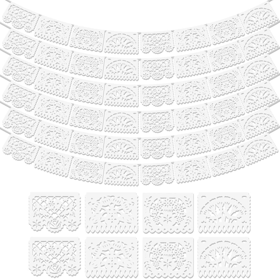 6 Pack White Papel Picado Banner, 90Ft Plastic Mexican Party Wedding Decoration, Papel Picado Dia De Los Muertos, Cinco De Mayo, Day of The Dead Decorations, Fiesta Party Decorations Banners Supplies