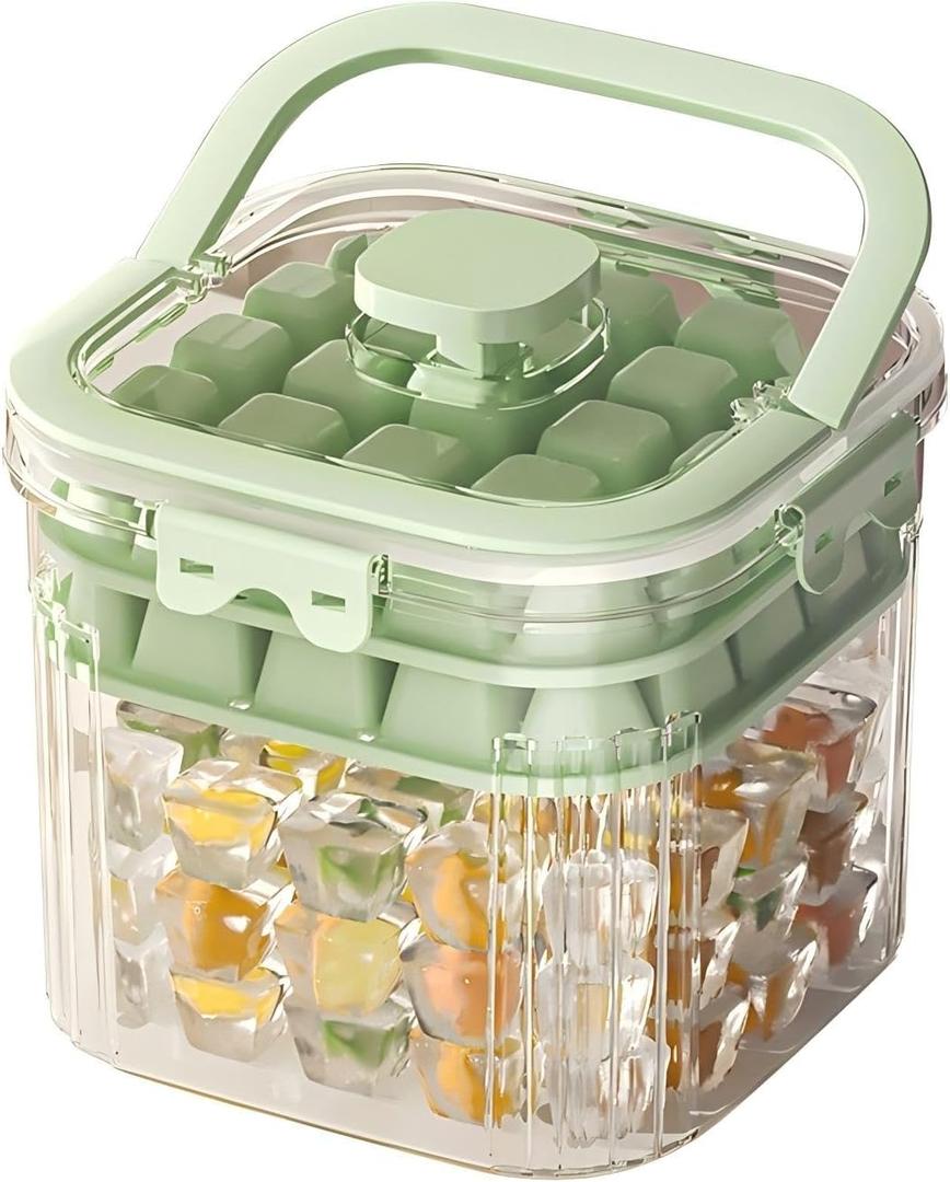 Portable Ice Bucket with 2 Ice Packs - One Click Release, Double-Layer Trays (48 Cubes), 100+ Storage, Compact Handheld for DIY Drinks, Baby Food, Parties & Outdoor Use (Light Grass Green)