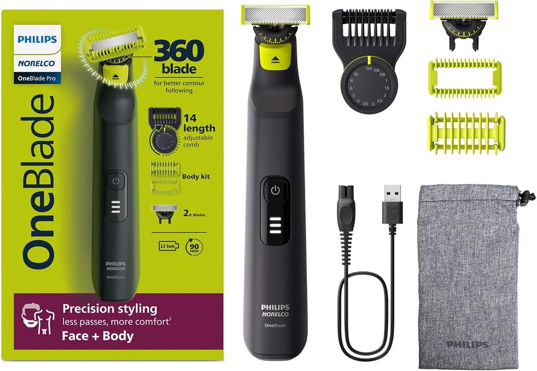Philips Norelco OneBlade Pro 360 Face + Body, Electric Shaver, Beard Trimmer and Body Groomer, with 360 Blade Technology, 14-Length Precision Comb, Body Kit, Soft Pouch, Model QP6542/70 (Black/Lime Green)