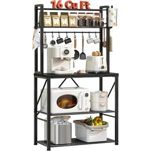 YASONIC Coffee Bar, Bakers Rack with Storage, 25.6 Inches Microwave Stand, 5 Tier Kitchen Shelves Appliance Storage, 12 S Hooks Large Coffee Station for Spices, Pots and Pans, Black, 25.9 inch