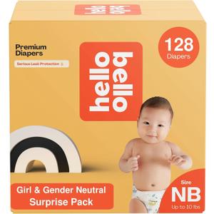 Hello Bello Newborn Premium Diapers, (Size NB - Up to 10 lbs) Surprise Pack for Girls - 128 Count, Hypoallergenic with Soft, Cloth-Like Feel - Assorted Girl & Gender Neutral Patterns