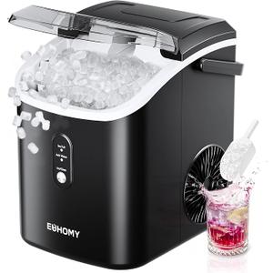 EUHOMY Nugget Ice Maker Countertop with Handle, Ready in 6 Mins, 34lbs Per Day, Removable Top Cover, Auto-Cleaning, Portable Sonic Ice Maker with Basket and Scoop, for Home/Party/RV/Camping (Black)