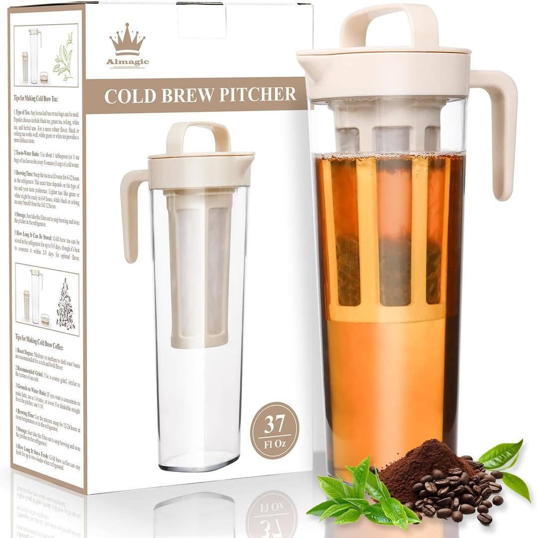 Cold Brew Tea Pitcher, Cold Brew Coffee Maker  37 Fl Oz BPA-Free PP Pitcher with Durable Mesh Filter, Leak-Proof Cap, Comfortable Handle  Perfect for Fridge Side Door Storage & Ice Drinks