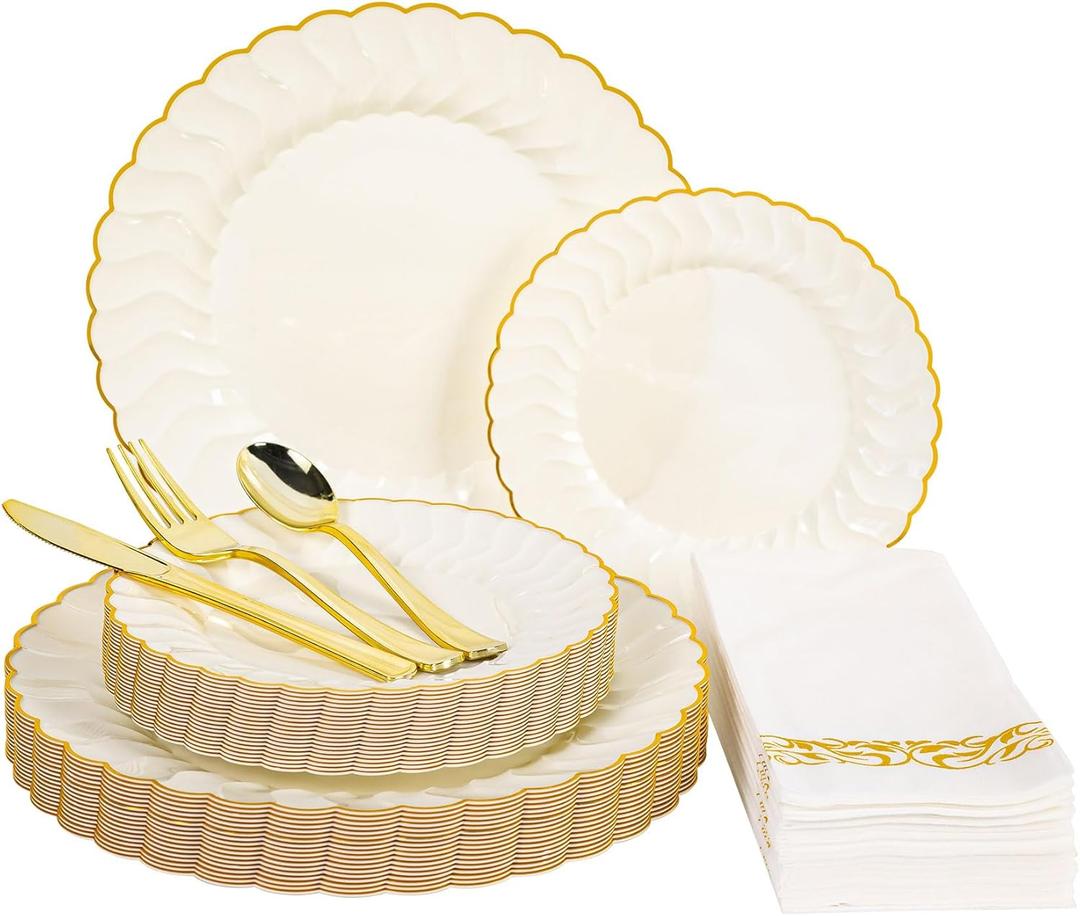 Lullaby 140PCS Elegant Disposable Dinnerware Set  40 Ivory Scalloped Gold-Trim Plates (20 Dinner, 20 Dessert), 40 Forks, 20 Spoons, 20 Knives & 20 Napkins  Fancy Plastic Plates for 20 Guests