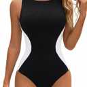 Blooming Jelly Women One Piece Tummy Control Swimsuit Ribbed Color Block Bathing Suits Backless High Neck Swim Suit (Medium, Black)