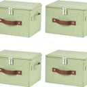 4 Pack Storage Bins with Zipper Lid Cotton Linen Fabric Lidded Storage Baskets Boxes Foldable Washable Closet Shelf Clothes Organizer Container with PU Leather Handles (Green, Small)
