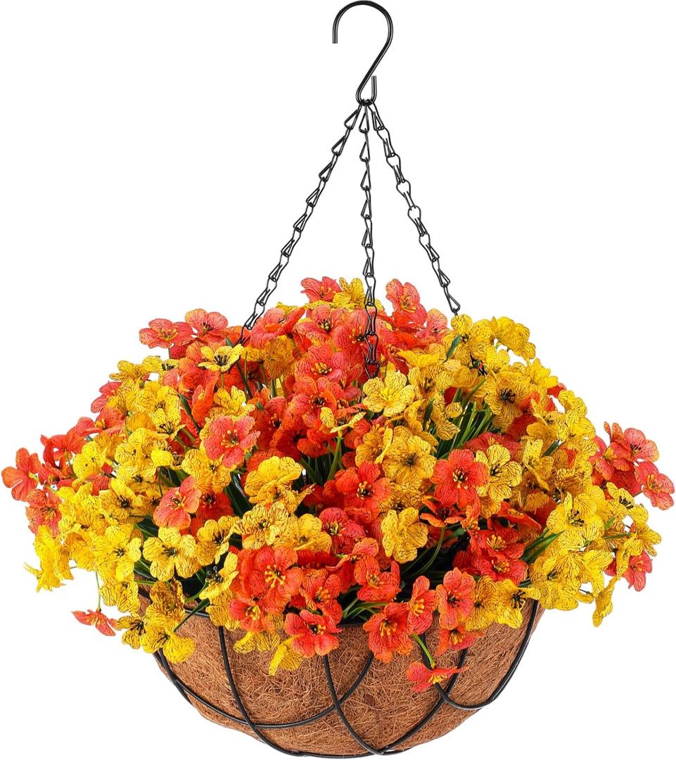Beeveer Artificial Fall Hanging Flowers Basket for Outdoor Decoration Faux Orchid Arrangement Porch Plants Coconut Lining Basket for Autumn Courtyard Decor(Elegant Color, 1 Pack) (Yellow, Orange)