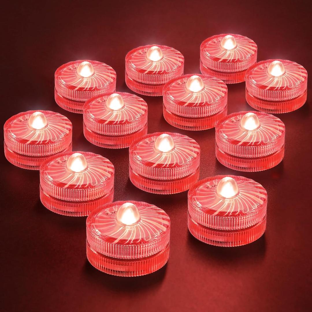 HL Submersible LED Light,Red Small LED Light,100 Hours Waterproof Flameless Led Lights Battery Powered for Wedding Home Vase Festival Party Decoration 12pcs (Built-in 24 Batteries)
