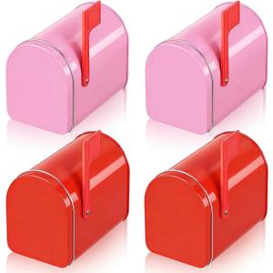 Frienda 4 Pcs Valentines Mini Mailbox, 5 x 3 Inch Mini Tinplate Tins Containers with Lids for Cards Cookie Candy Storage Playhouse Decorations, Small Boxes for Party Gifts (Red,Pink)