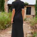MEROKEETY Women's Spring Summer Ribbed Maxi Dress 2026 Bodycon V Neck Button Short Sleeve Slim Fit Knit Sweater Dresses (Black, XL)