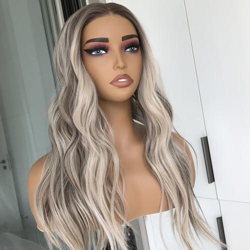 mytonecoo Wear and Go Glueless Body Wave Synthetic Lace Front Wig Pre Plucked Pre Cut Lace Wig for Beginners Platinum Ash Blonde with Brown Roots Ready to Wigs for Women 20 Inch Wavy