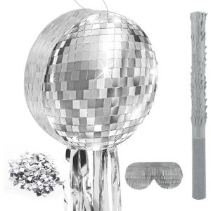 12.5 Inch Disco Party Pinata 80s 90s Disco Ball Pinata with Blindfold Stick Confetti for 80s 90s Discos Birthday Wedding Party Supplies Decor (Discos Ball)