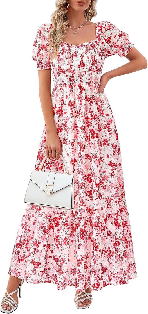 PRETTYGARDEN Women's Floral Boho Maxi Dresses Flowy Short Sleeve A Line Smocked Eyelet 2026 Summer Beach Vacation Clothes (Medium, Floral White Red)