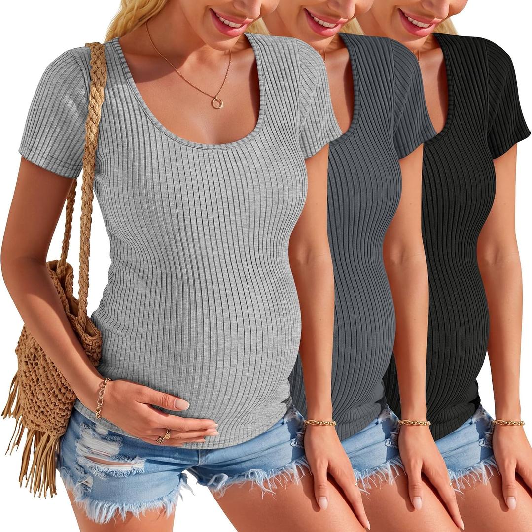 3 Pack Womens Maternity Shirts Summer Short Sleeve Ribbed Pregnancy Clothes Trimesters or Postpartum Cotton Tees (S)