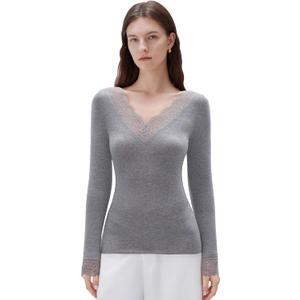 SUUKSESS Cloud Cashmere Women Basic Tops V Neck Boat Neck Lace Long Sleeve Shirt (Large, Grey)