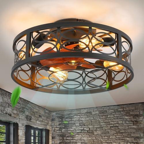 HUEOCZW 20" Caged Ceiling Fan with Light and Remote Bladeless Ceiling Fan 6 Speed Reversible with 4 Bulbs and Remote Control Low Profile Ceiling Fans with Lights for Bedroom, Dining Room