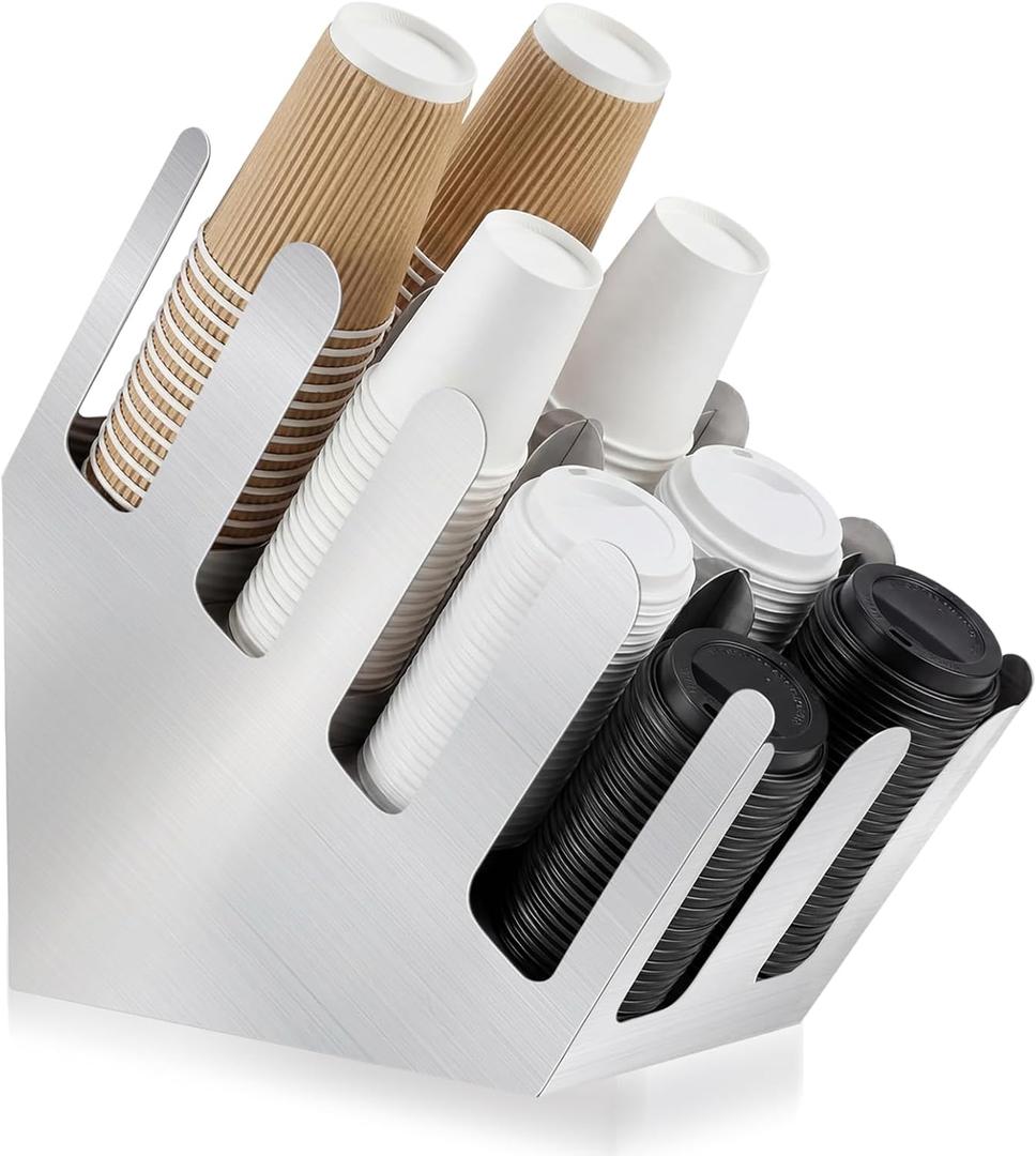 Frienda 8 Compartments Stainless Steel Cup and Lid Dispenser, Silver Coffee Cup Holder Organizer Storage for Countertop Org, Coffee Bar, Beverage Restaurant, Kitchen, Breakroom