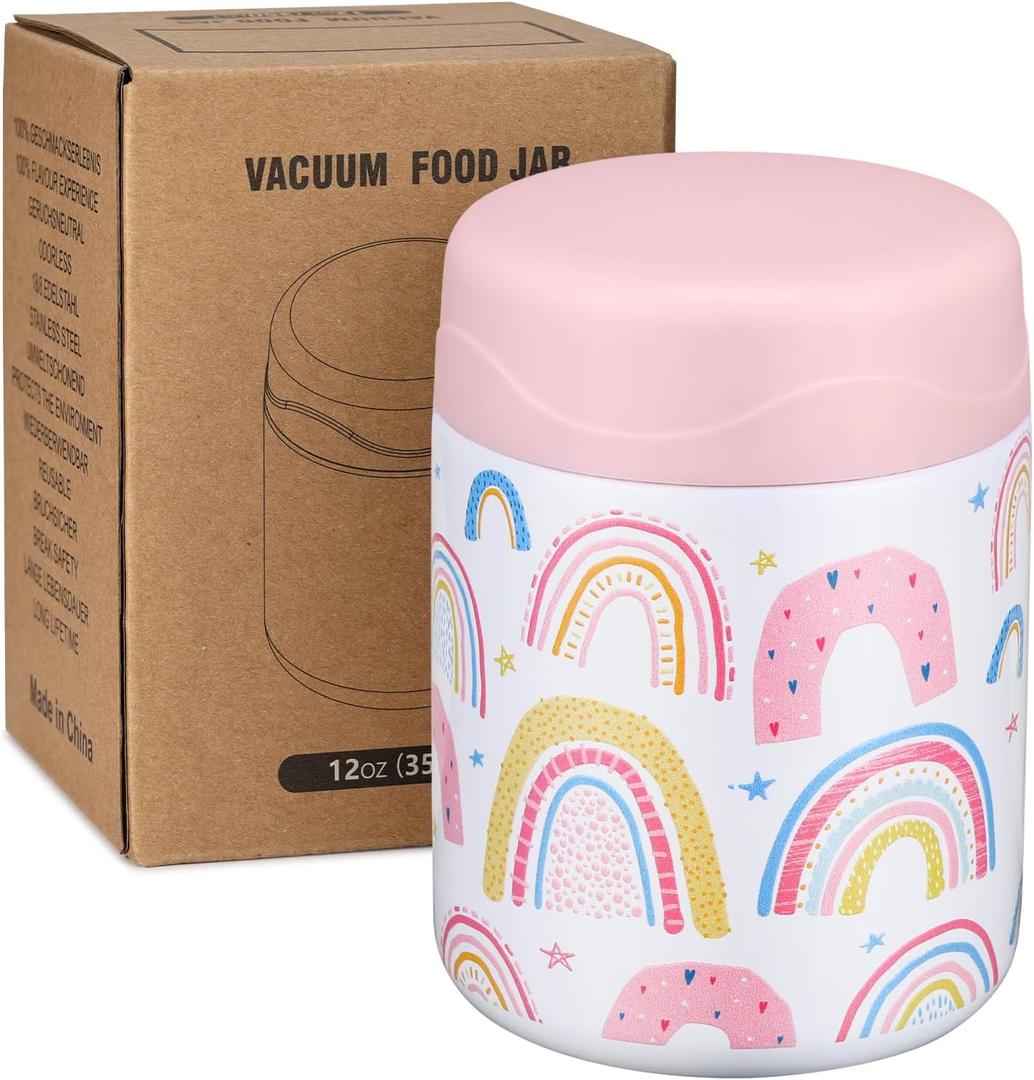 wiwens 12oz Soup Thermo for Hot Food Kids Insulated Food Jar Wide Mouth Lunch Container Leak Proof Stainless Steel Vacuum Bento Box for School Office Travel Outdoors White-Rainbow