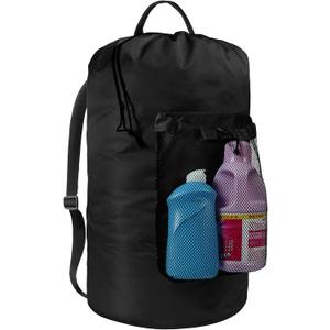Laundry Bag with Shoulder Straps and Mesh Pocket Laundry Backpack Large Portable Laundry Hamper for College Travel, Laundromat, Apartment (Black)