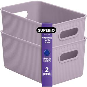 Decorative Plastic Open Home Storage Bins Organizer Baskets, Medium Lilac Purple (2 Pack) Container Boxes for Organizing Closet Shelves Drawer Shelf - Ribbed Collection 5 Liter (Without Lid)
