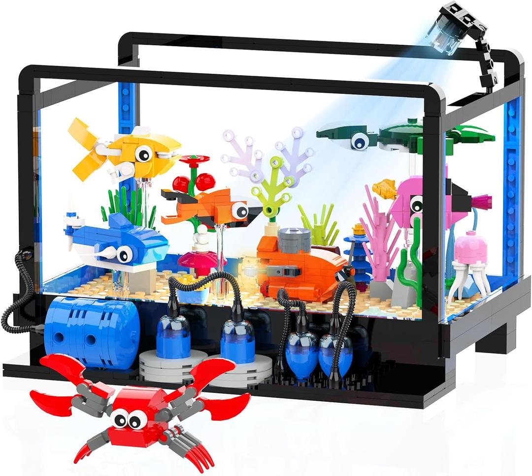 Tenhorses Fish Tank Building Block Set, Lighting Aquarium Sets Including Marine Life, a Submarine and a Treasure Chest, Building Block Toy for 6+, Gift for Sea Lovers.