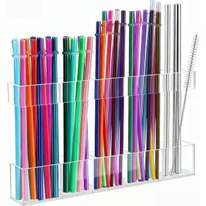 Acrylic Straw Holder with Double Sided Adhesive Tape Reusable Tumbler Straw Organizer Storage Container for Counter Cabinet Cupboard Kitchen(Transparent,Large)